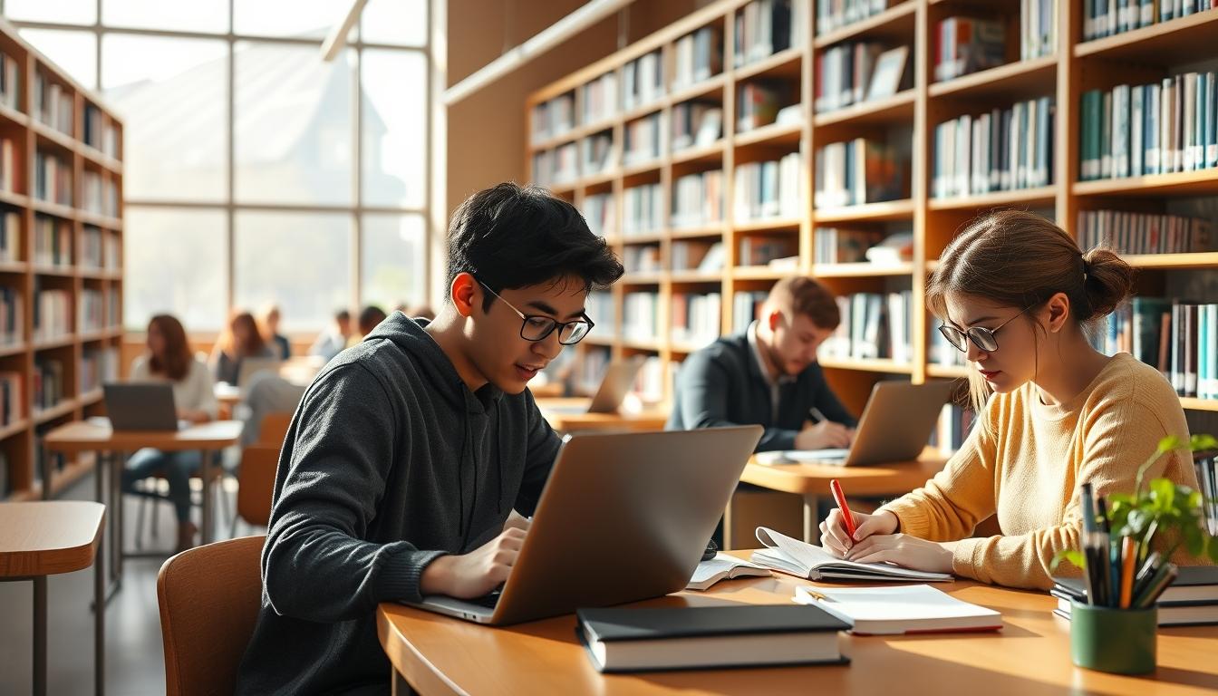 Students studying together in modern classroom